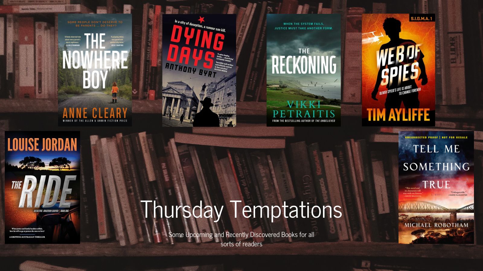 An image of books to be savoured on a background of a library - see the associated post for the text list of all the books.